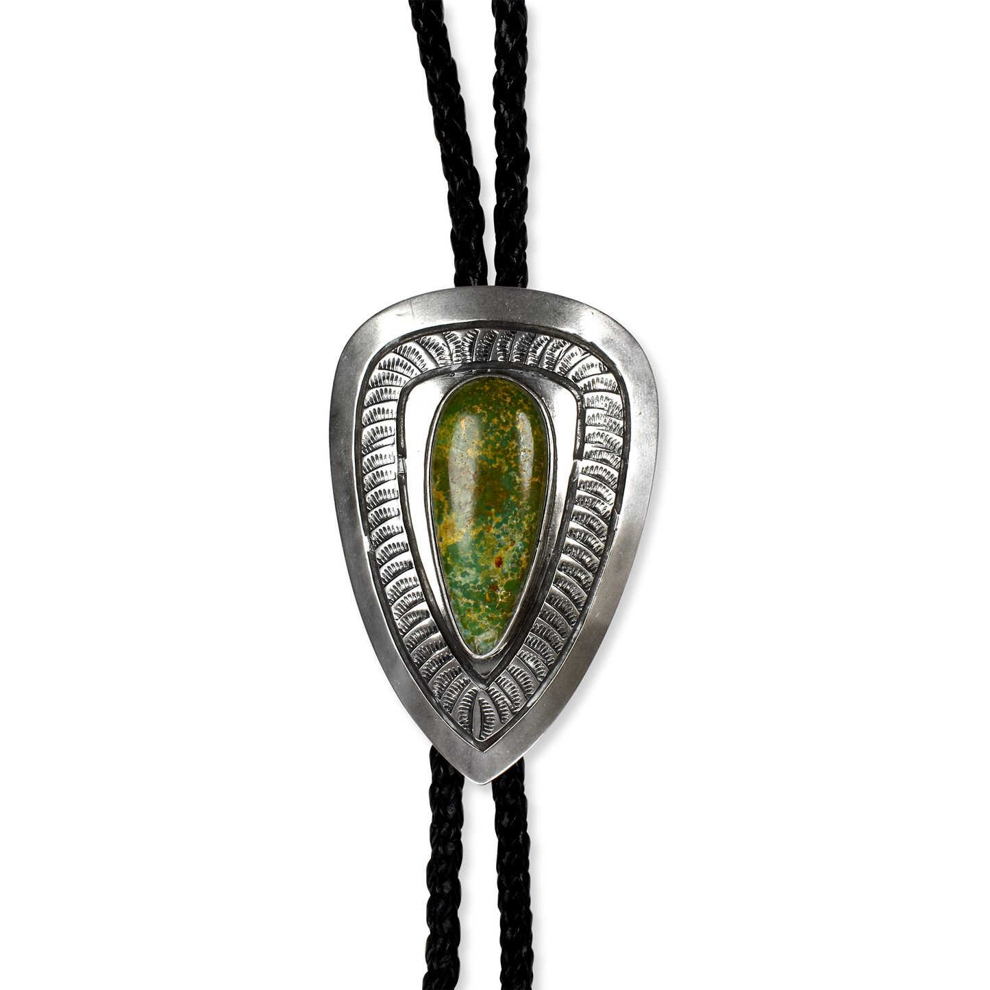 Royston Turquoise Sterling Silver Shield Bolo Tie on Leather Cord by Teller Indian Jewelry