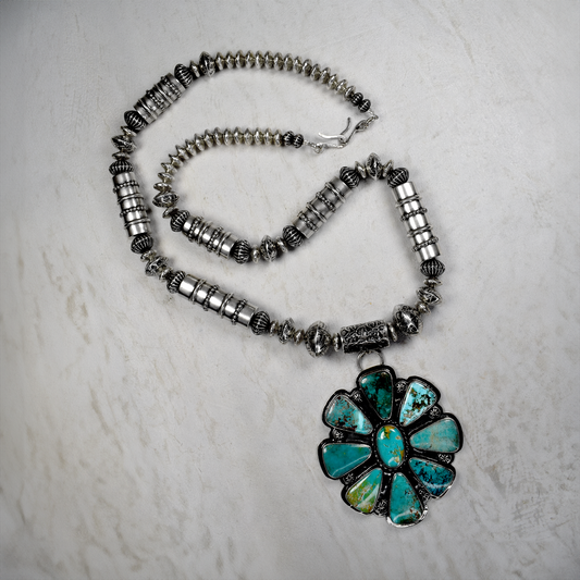 Royston Turquoise Bloom Necklace with Hand-Tooled Barrel Beads by Teller Indian Jewelry
