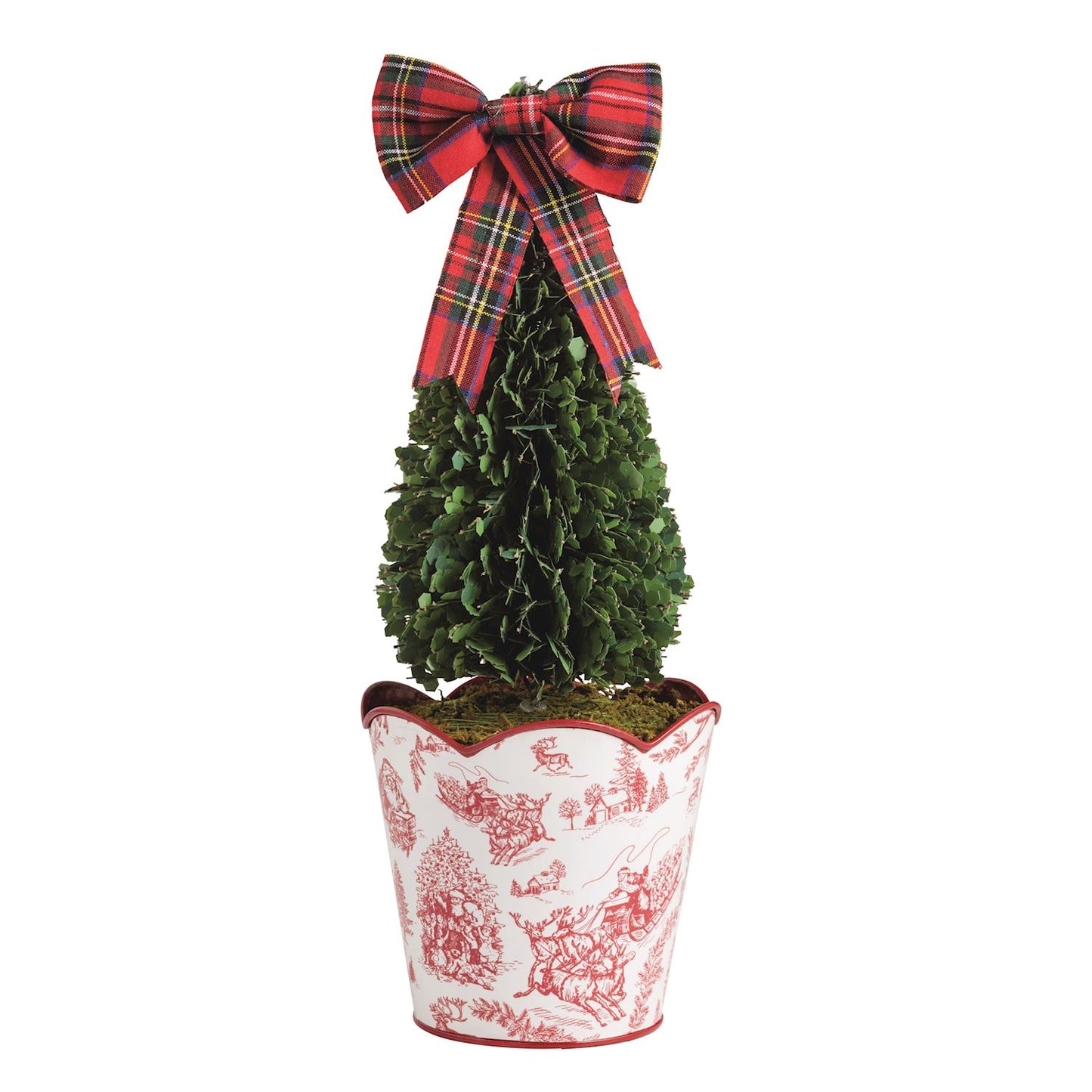 Holiday Toile Faux Boxwood Topiary with Tartan Bow