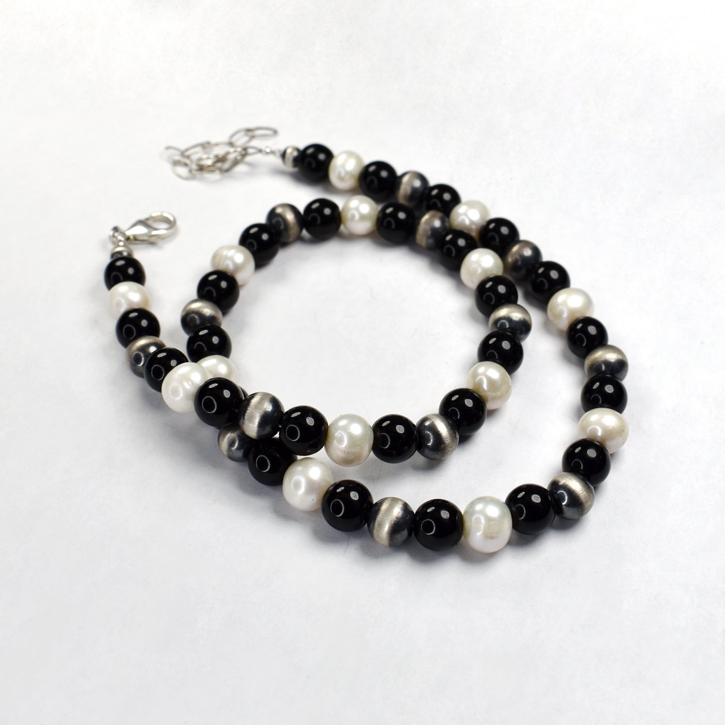 18" Onyx, Pearl & Sterling Silver Necklace by Reklaw Silver