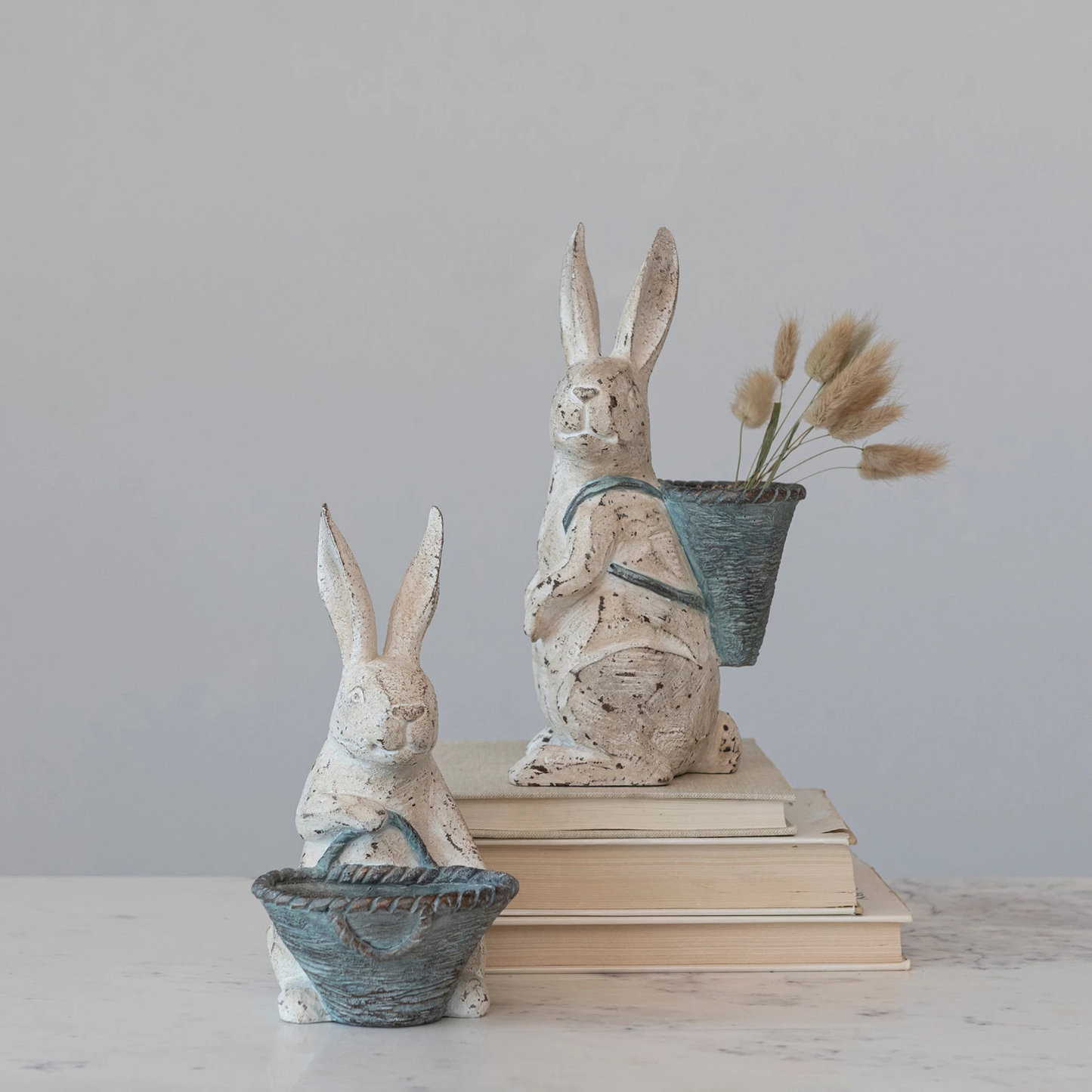 Resin Rabbit with Basket, Distressed Finish, Antique White & Grey