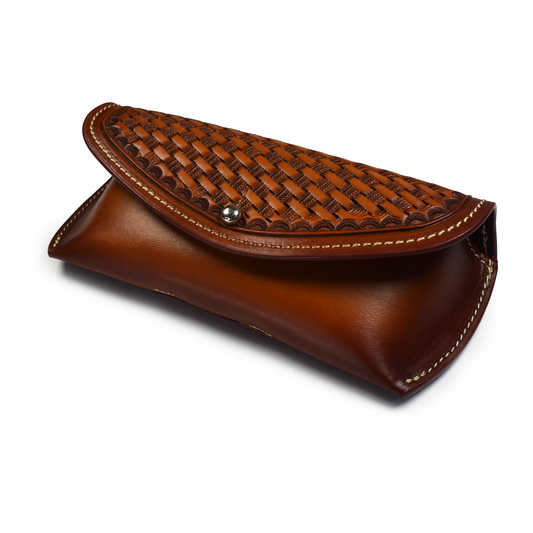 Heron Walk Custom Leather Spanish Brown Basket Weave Eyeglass Case