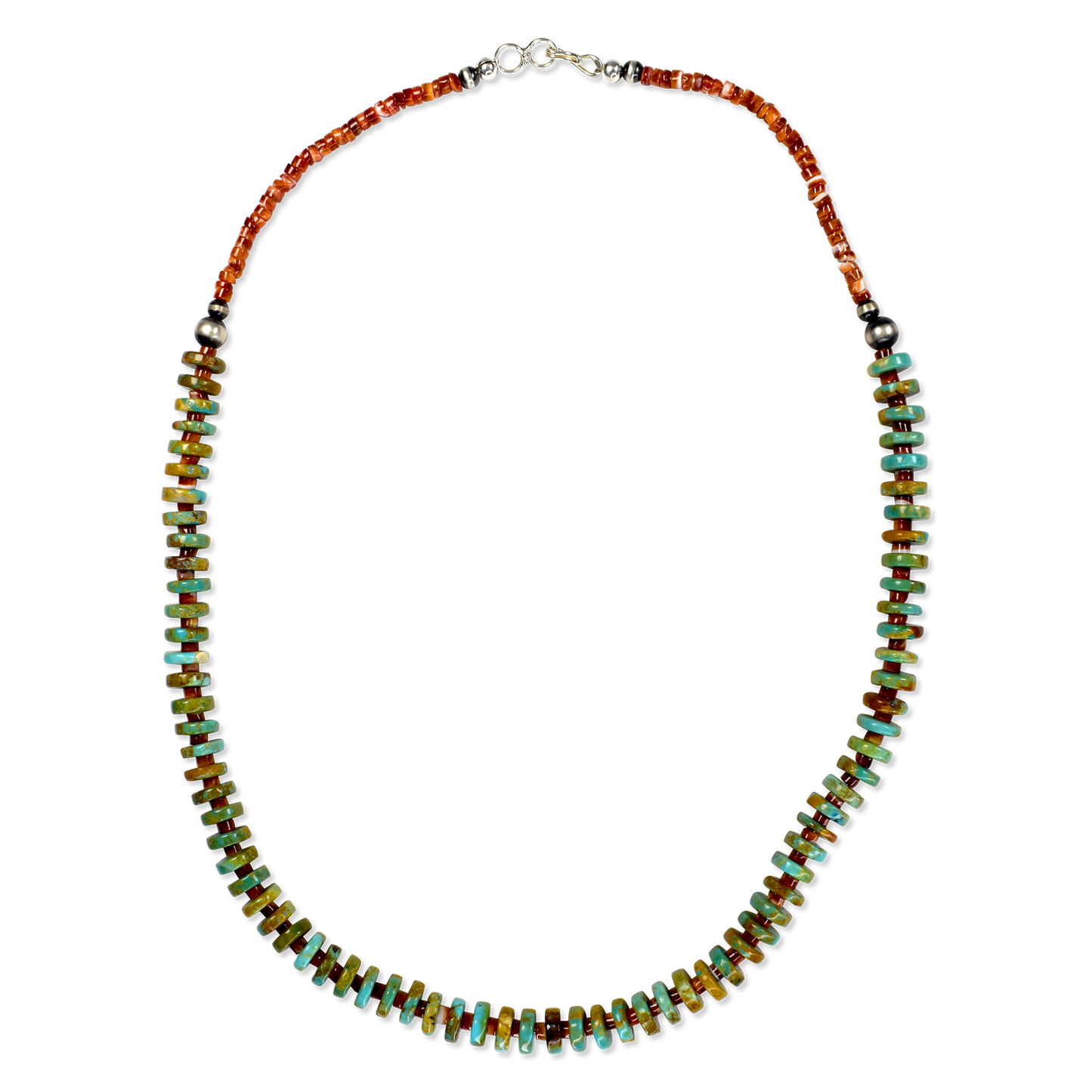 Turquoise Heishi Necklace with Red Spiny Oyster Rondelle Beads by Tim Shatraw