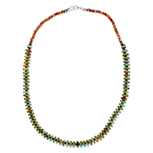 Turquoise Heishi Necklace with Red Spiny Oyster Rondelle Beads by Tim Shatraw