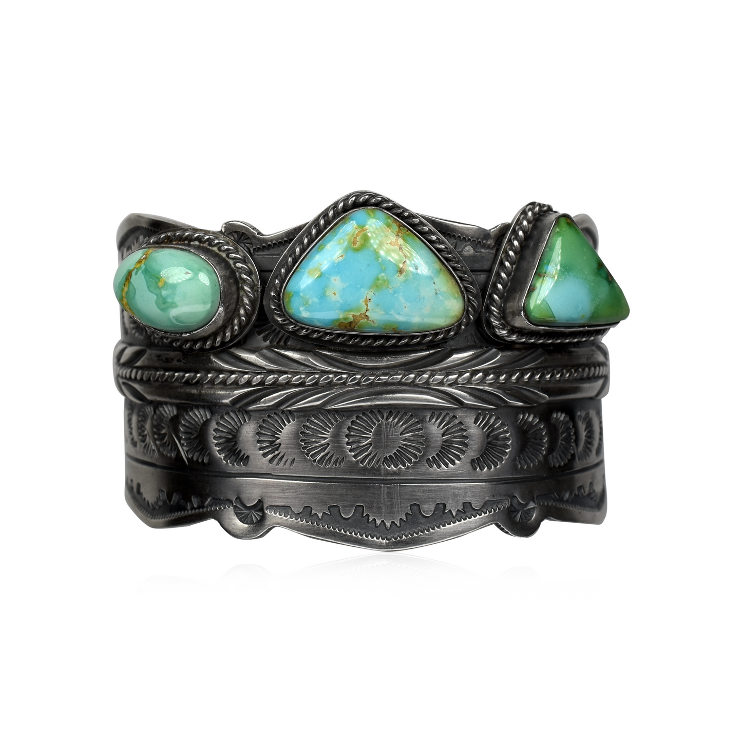 Dry Creek Turquoise Three Stone Stamped & Tooled Cuff by Jeff Largo