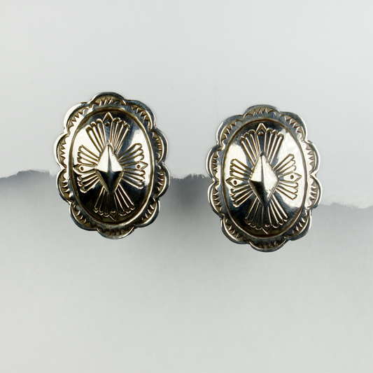 1980's Navajo Tooled Silver Concho Clip-on Earrings by B. Soce