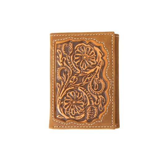 Men's Embossed Floral Inlay Trifold Leather Wallet