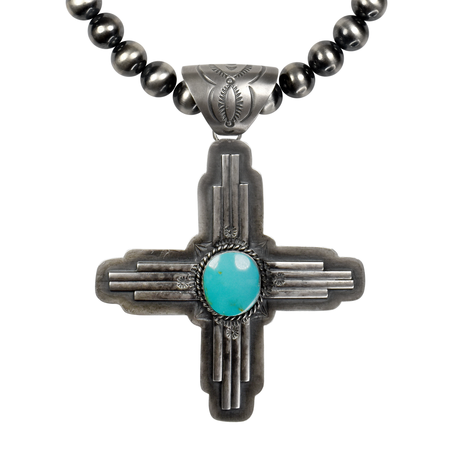 Four Sacred Directions Pilot Mountain Turquoise Pendant & Navajo Pearls by Delbert Secatero