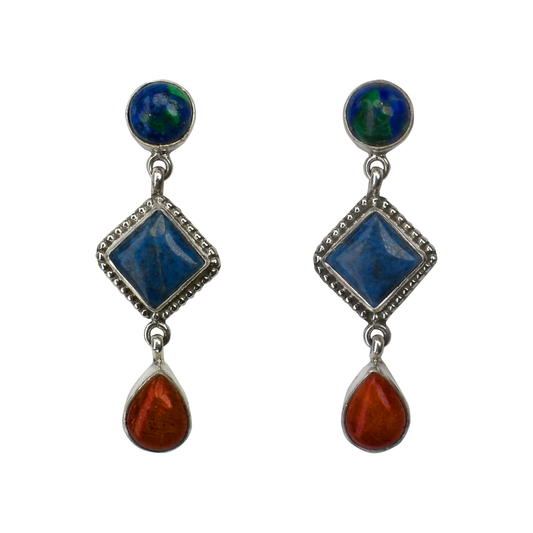 Azurite, Lapis Lazuli & Apple Coral Drop Earrings by Ruth Ann Begay