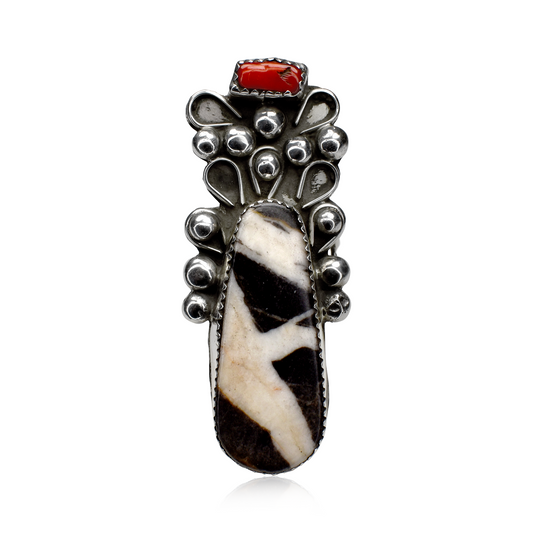 Zebra Jasper and Coral Statement Ring with Hand-Tooled Detailing