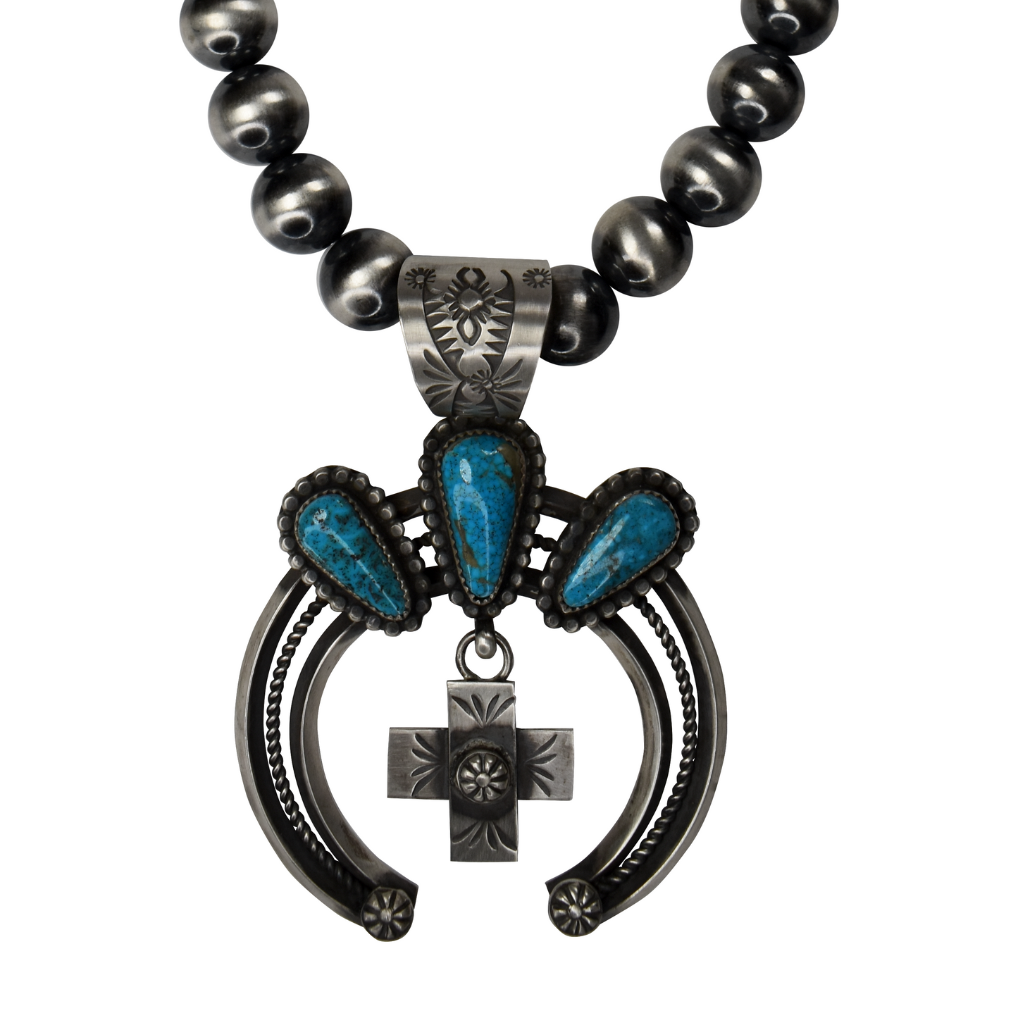 Navajo Pearl Necklace with Kingman Turquoise Cross Pendant by Delbert Secatero