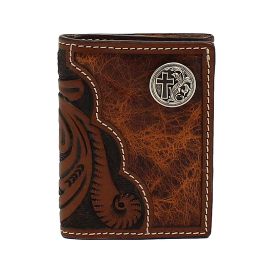 Men's 3D Floral Tooled Cross Concho Trifold Leather Wallet
