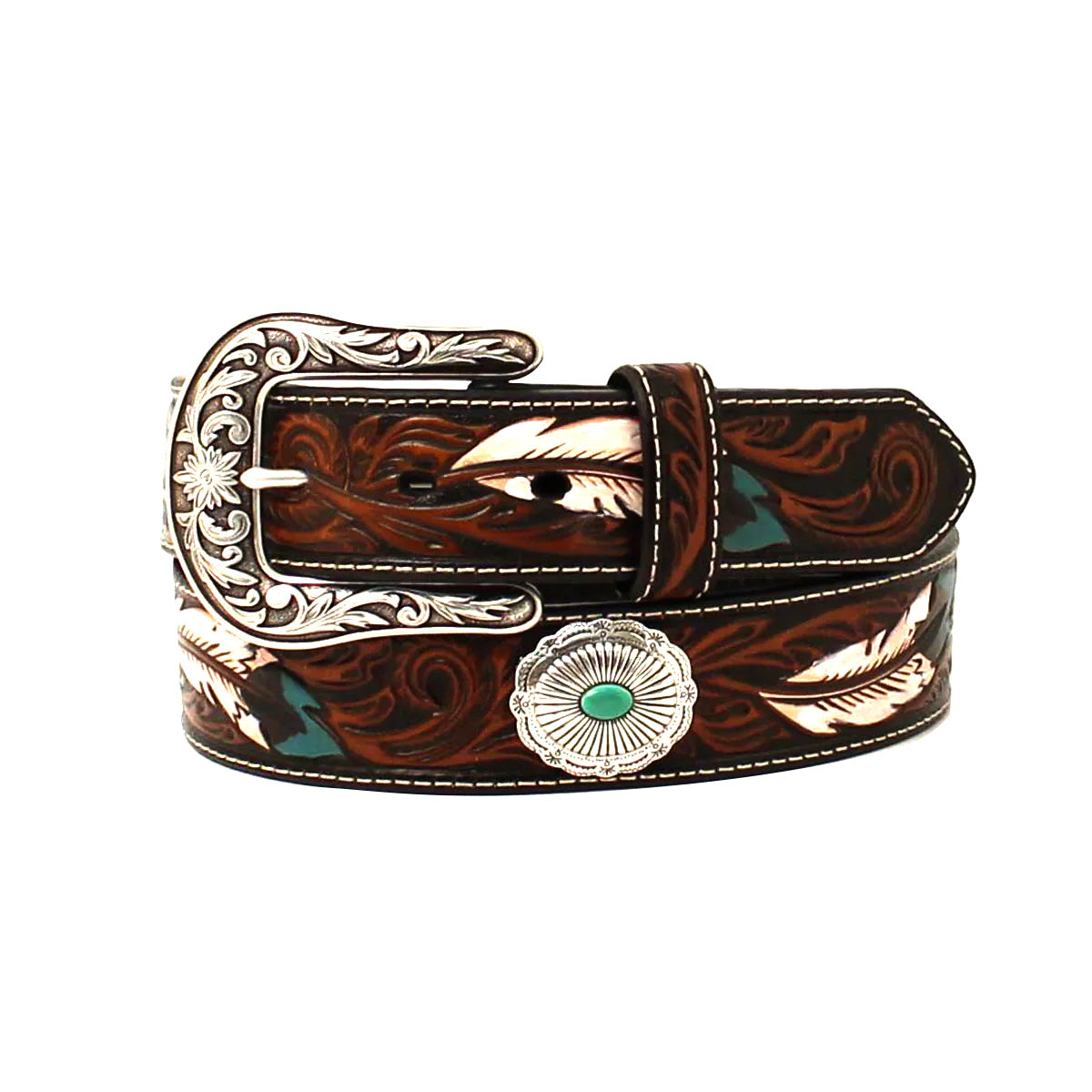 Ariat Women's Painted Feather Floral Embossed Western Belt