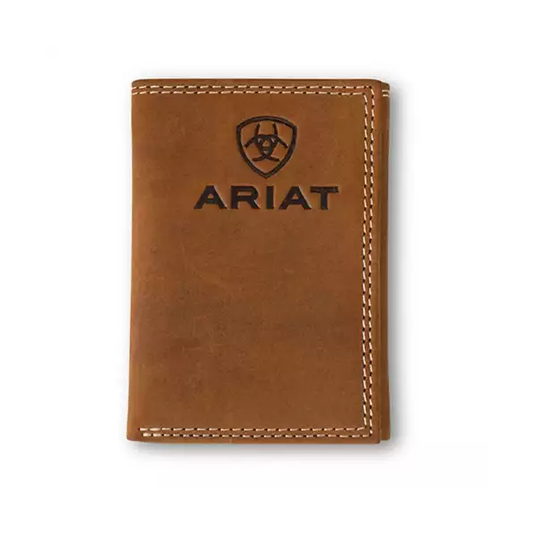 Ariat Men's Embossed Logo Tan Double Stitch Trifold Wallet