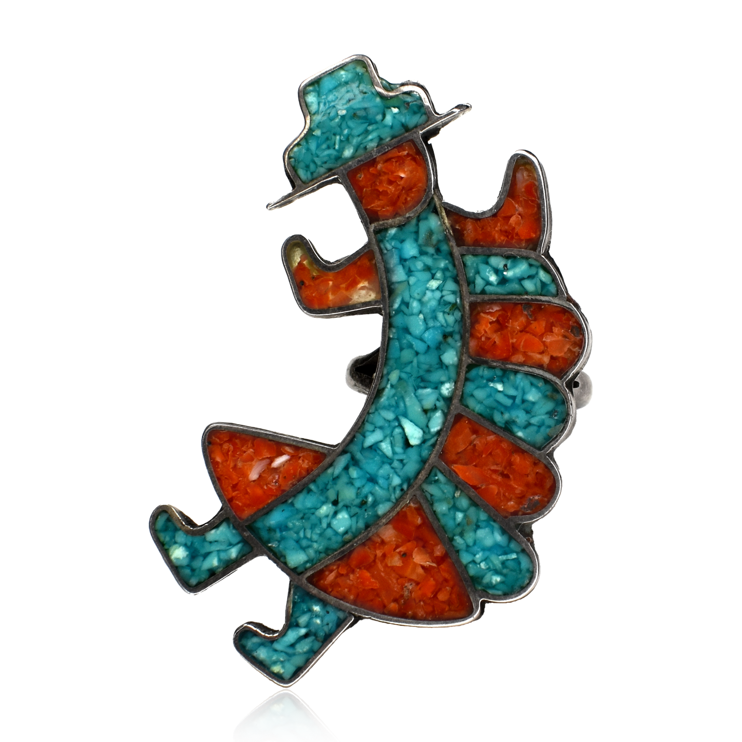 Vintage 1970s Kachina Dancer Turquoise & Coral Ring