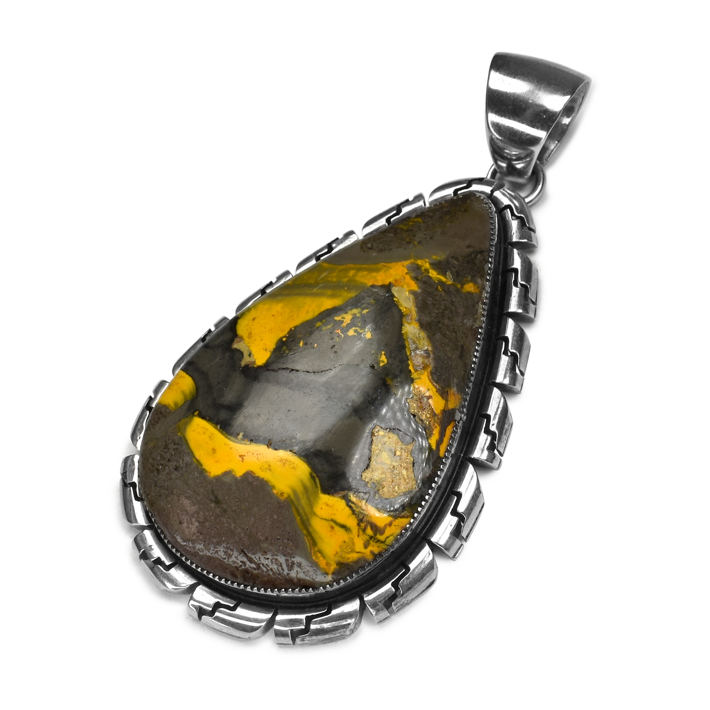 Bumblebee Jasper Teardrop Pendant with Geometric Tooled Silver Border