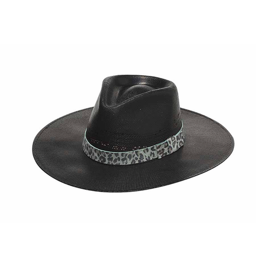 Twister Bangora Black Straw Hat with Leopard Turquoise Trim