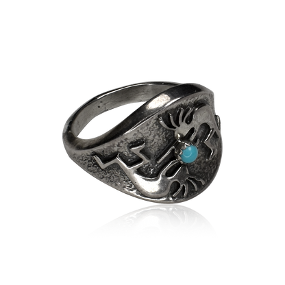 Vintage 1980s Sand Cast Sterling Silver Kokopelli Ring by Ervin Hoskie
