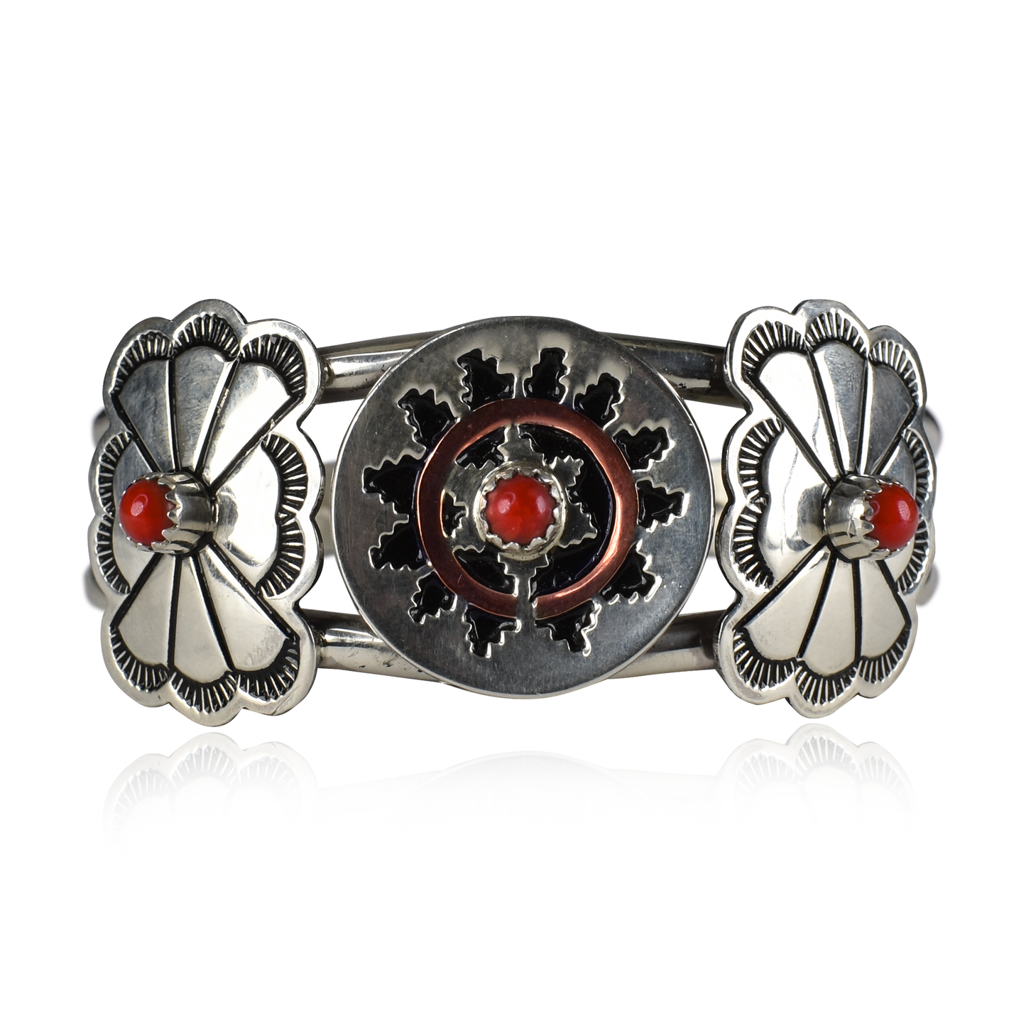 Hand-Tooled Sterling Silver Cuff with Coral Inlay by Evelyn Abeita