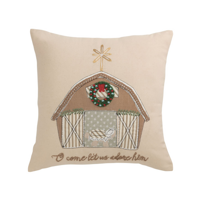 Christmas Nativity Barn Embroidered Cotton Pillow