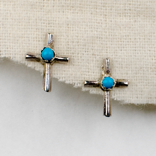 Small Turquoise and Sterling Silver Cross Stud Earrings