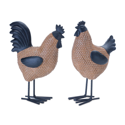 Basketweave Hen and Rooster Resin Figurines
