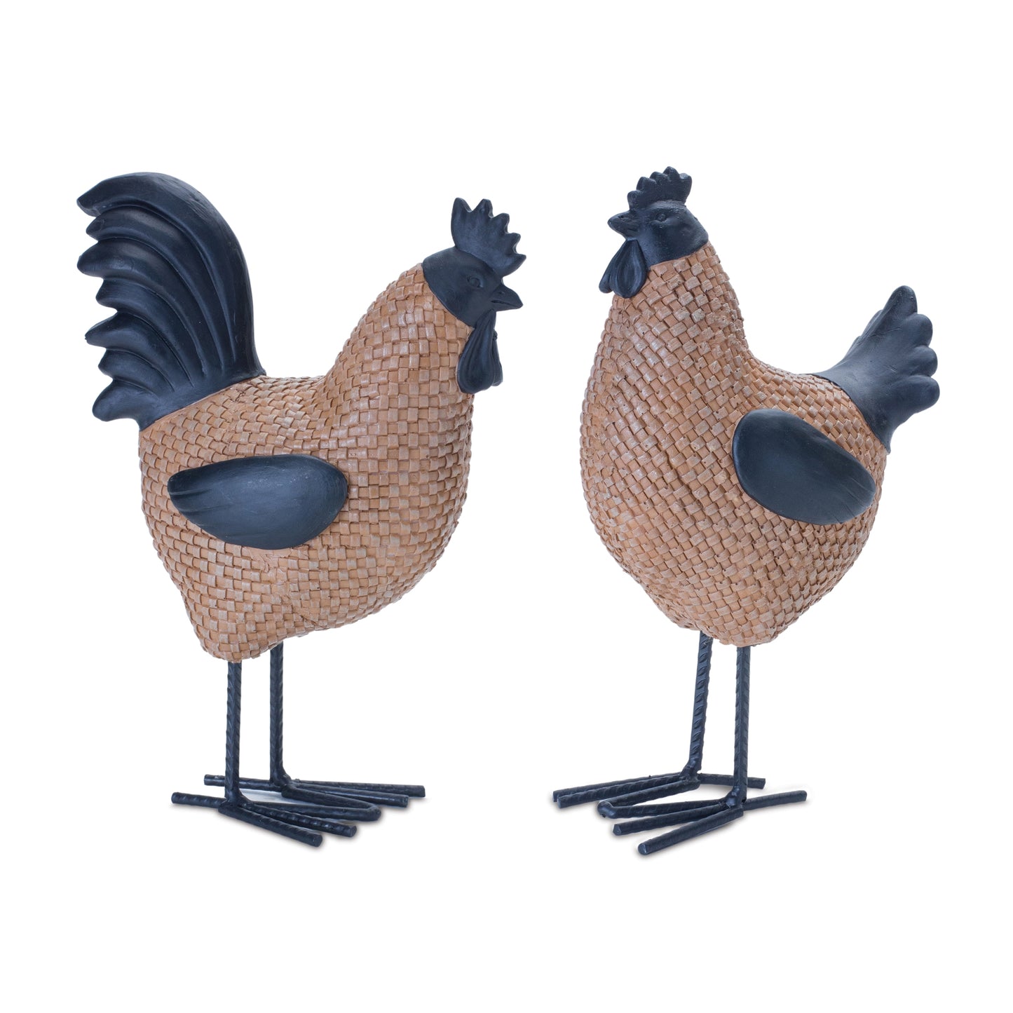 Basketweave Hen and Rooster Resin Figurines