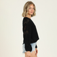 Women's Oversized Crop Woven V Neck Sweater - Black