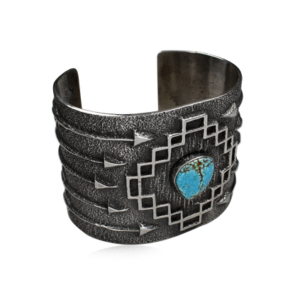 Number 8 Turquoise Arrow & Step Window Sandcast Cuff by Gilbert Begay