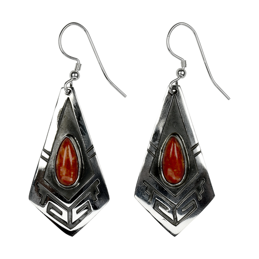 Diamond Shaped Hand-Stamped Spiny Oyster Earrings by Teller Indian Jewelry