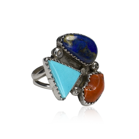 Desert Dream Trio Ring with Sleeping Beauty Turquoise, Lapis Lazuli, and Coral
