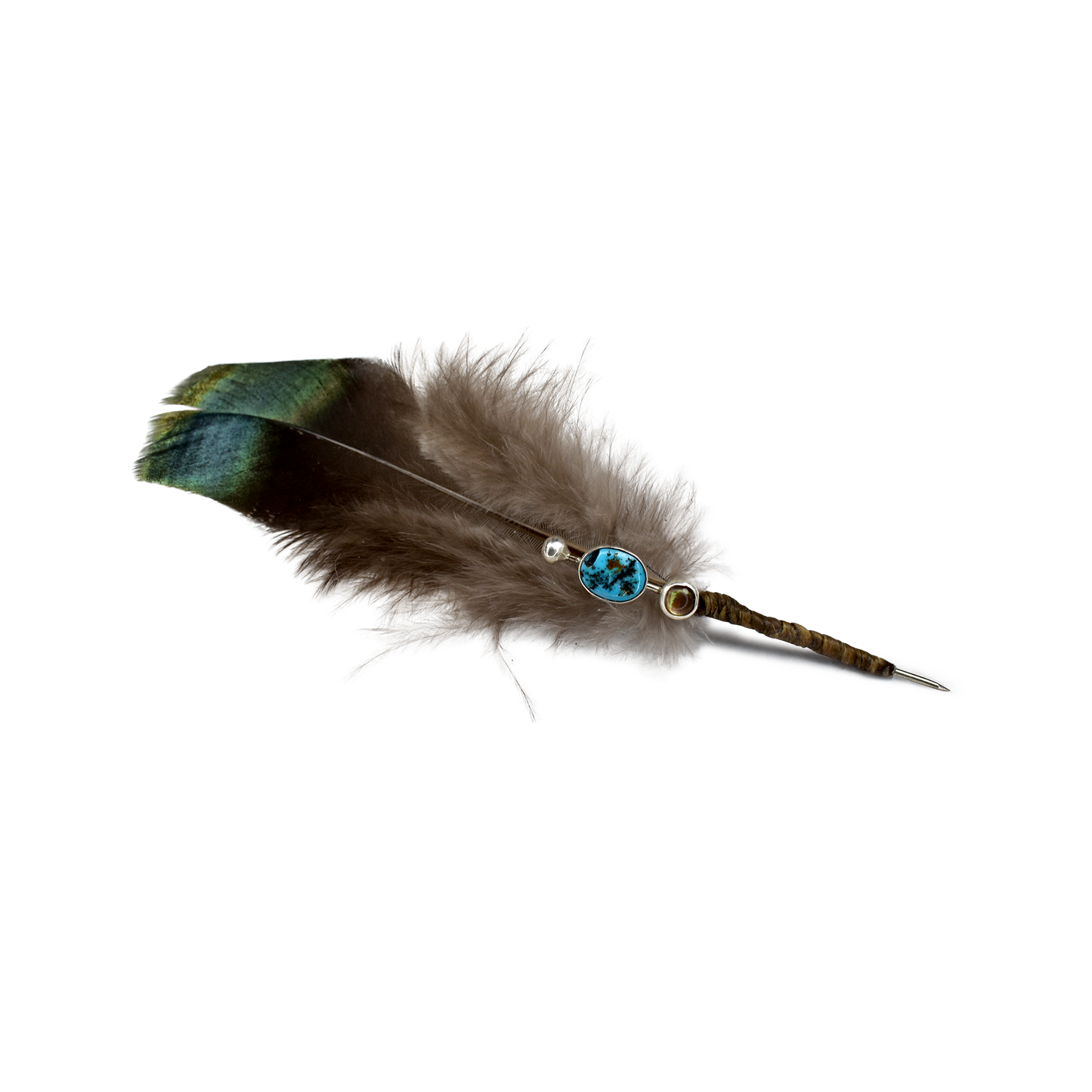 Hallett Peak Yucatán Ocellated Turkey Feather Hat Pin with Sleeping Beauty Turquoise and Black Mother of Pearl