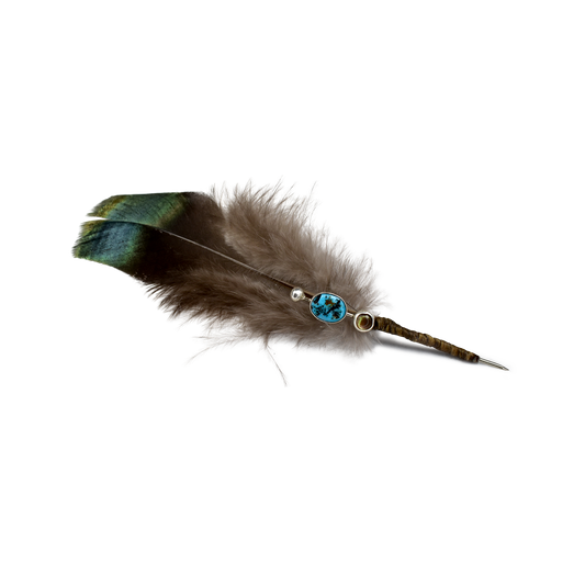 Hallett Peak Yucatán Ocellated Turkey Feather Hat Pin with Sleeping Beauty Turquoise and Black Mother of Pearl