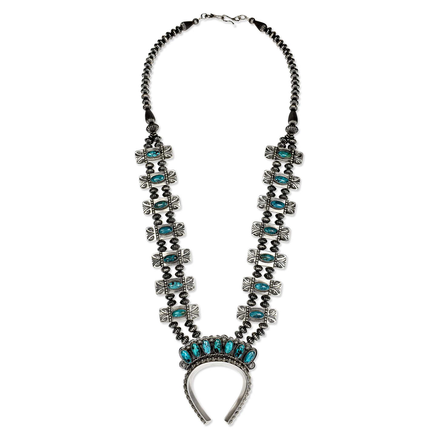 Kingman Turquoise Double-Strand Squash Blossom Necklace with Naja by Teller Indian Jewelry