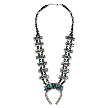 Kingman Turquoise Double-Strand Squash Blossom Necklace with Naja by Teller Indian Jewelry