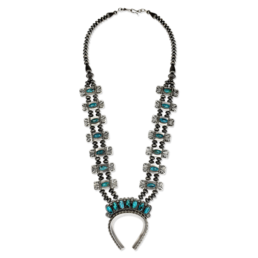 Kingman Turquoise Double-Strand Squash Blossom Necklace with Naja by Teller Indian Jewelry