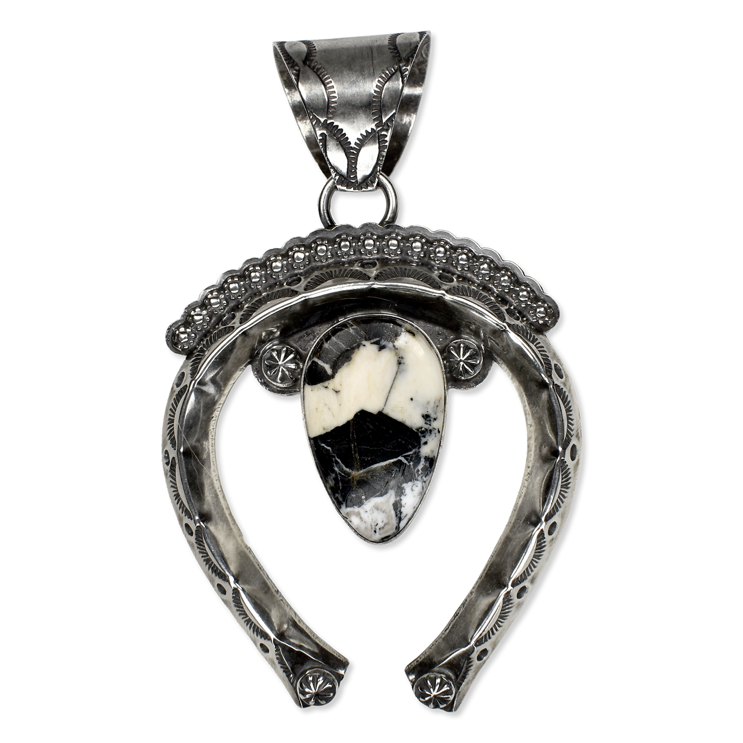 White Buffalo Naja Pendant with Scalloped and Stamped Silver by Teller Indian Jewelry