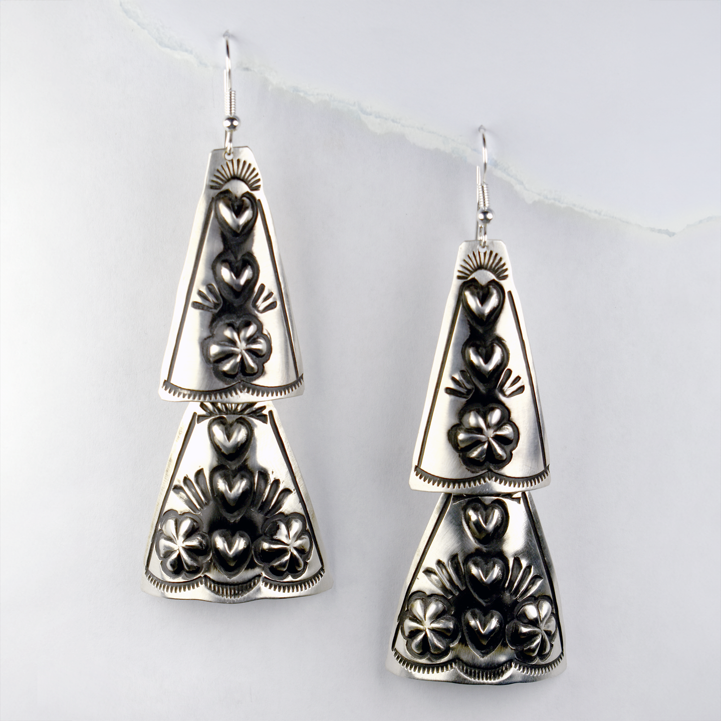 Two Tier Triangular Articulated Repoussé Heart & Flower Dangles by Leander Tahe