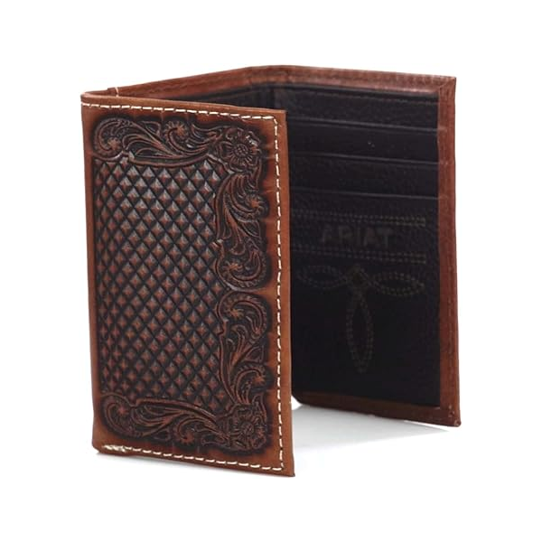 Men's Ariat Trifold Wallet with Basketweave Pattern and Floral Embossing