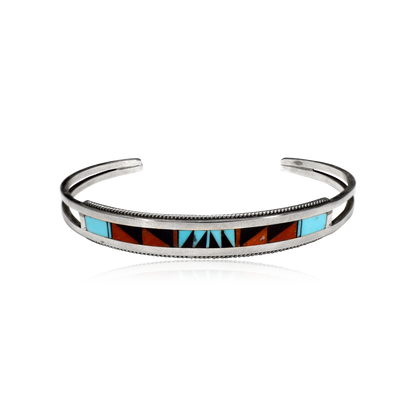 Weahkee Sterling Silver Cuff with Multi-Stone Geometric Inlay