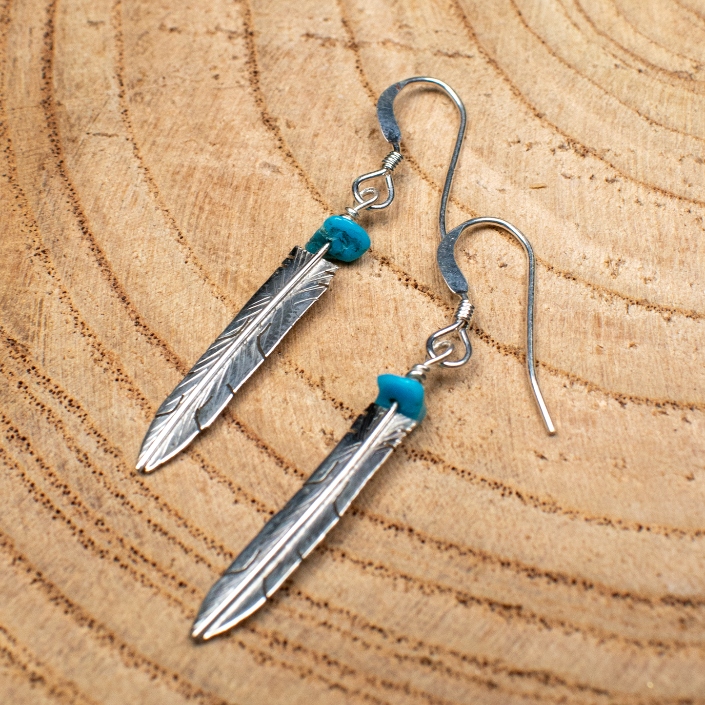 Small Prayer Feather Earrings with Turquoise Bead by Marvin Arviso