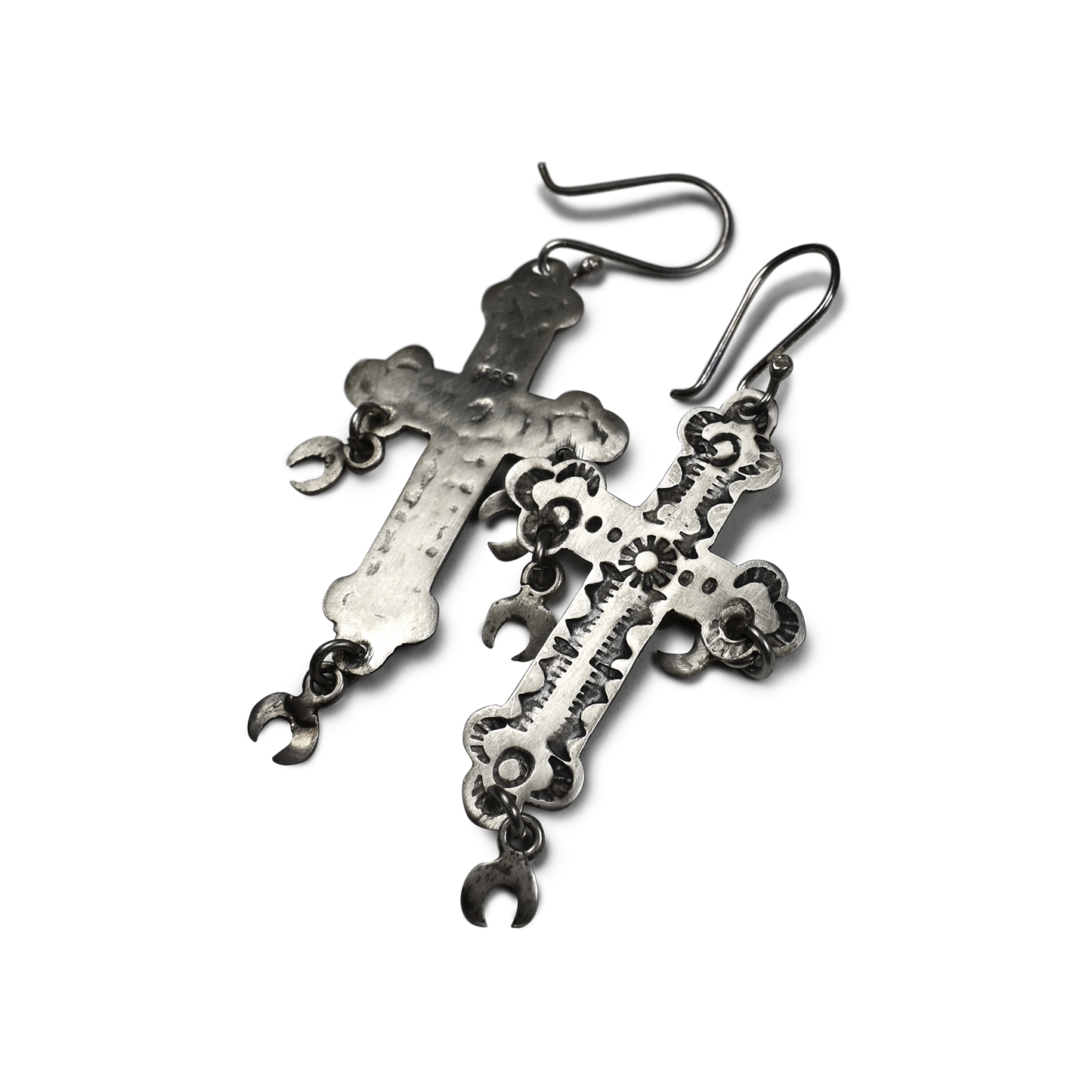 Stamped Cross Crescent Moon Earrings by Rocki Gorman