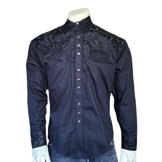 Rockmount Men's Vintage Tooling Embroidered Black-on-Black Western Shirt