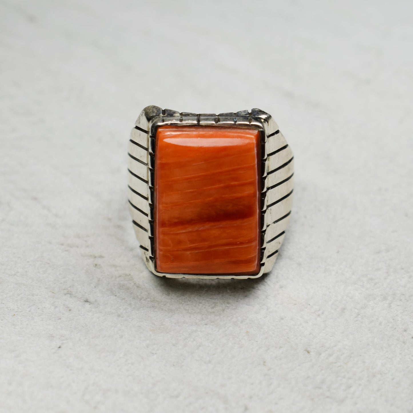 Rectangular Spiny Oyster Ring with Etched Setting