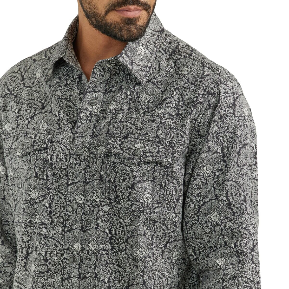 Wrangler Men's Retro Paisley Collared Long Sleeve Pearl Snap Shirt - Black & White