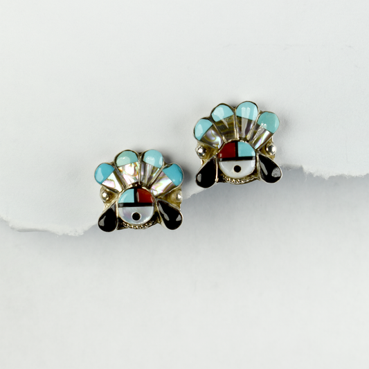 Zuni Sunface with Prayer Feathers Multi-Stone Clip-on Earrings