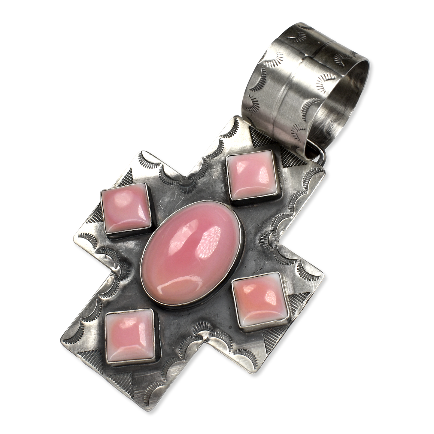 Five Stone Pink Conch Shell Cross Pendant by Rocki Gorman