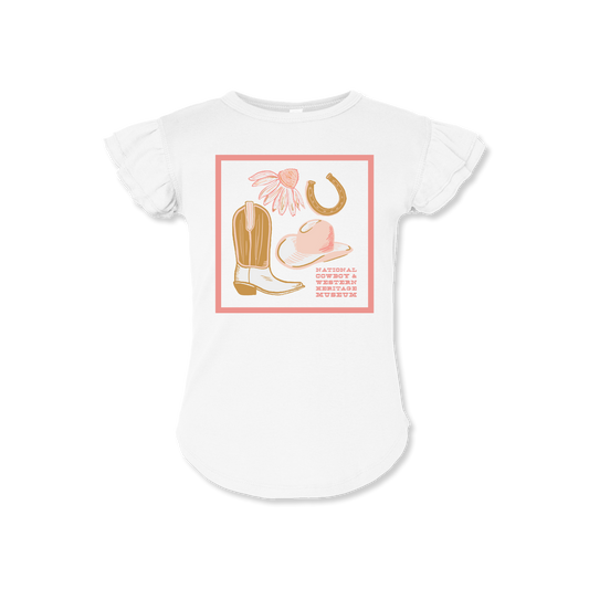 Girl's Boot Collage Flutter Sleeve Shirt - White/Pink