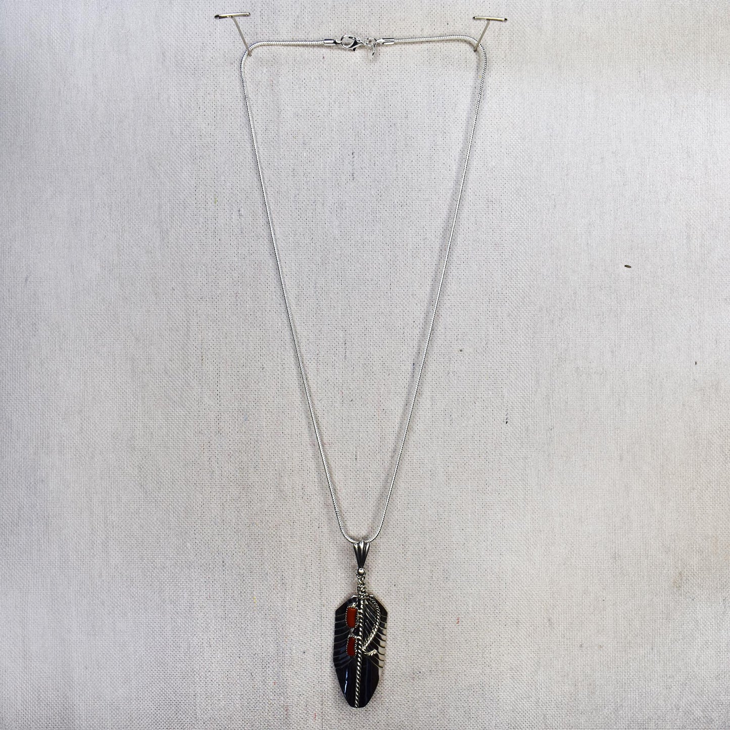 Prayer Feather Pendant Necklace with Noble Coral Baguette Inlay by Mathilda Benally