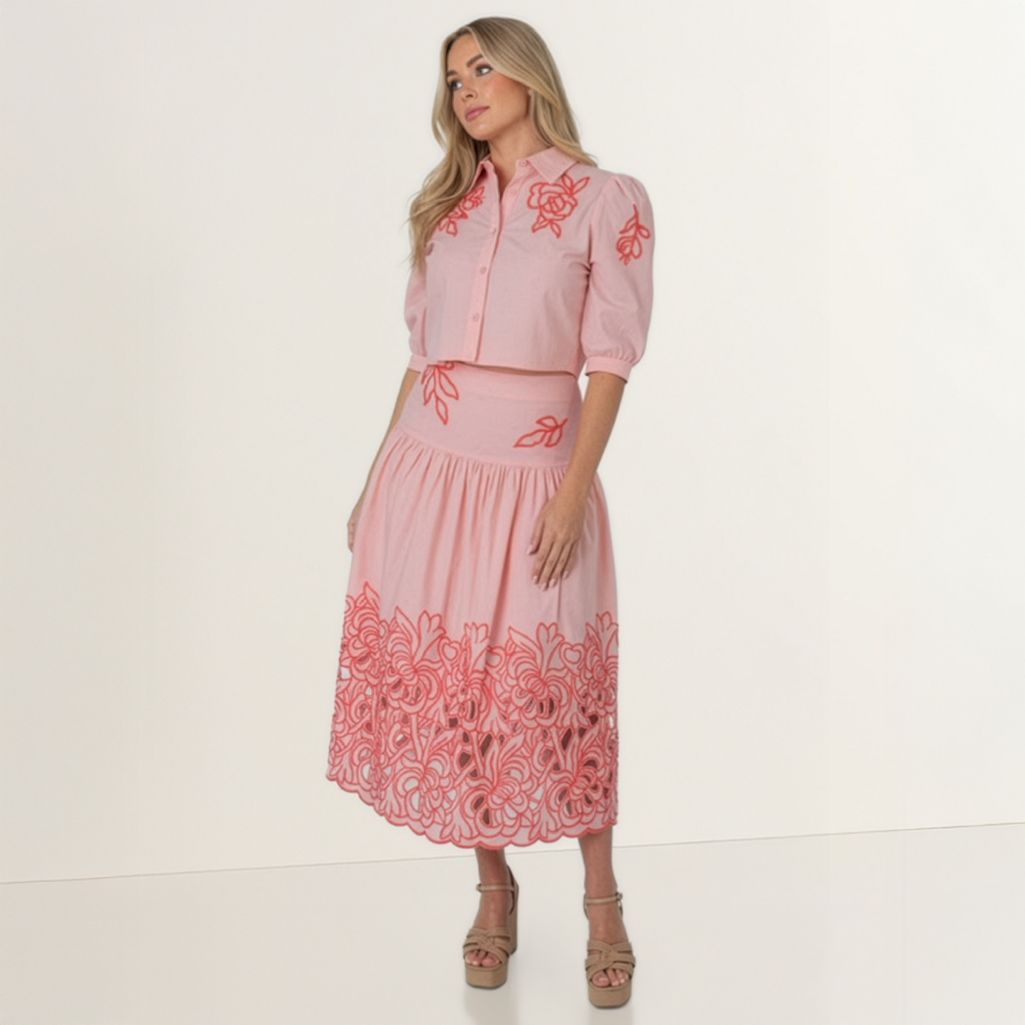 Prairie Rosette High-Waisted Embroidered Cutwork Skirt